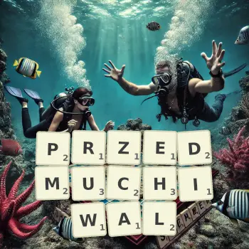 Kreatywna ilustracja do gry w Scrabble ze słowem PRZEDMUCHIWAL ułożonym z płytek na planszy.