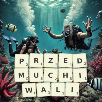 Kreatywna ilustracja do gry w Scrabble ze słowem PRZEDMUCHIWALI ułożonym z płytek na planszy.