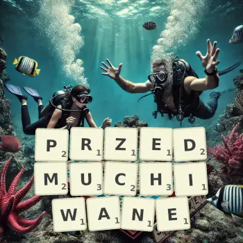 Kreatywna ilustracja do gry w Scrabble ze słowem PRZEDMUCHIWANE ułożonym z płytek na planszy.