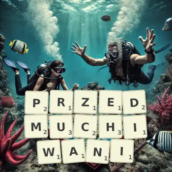 Kreatywna ilustracja do gry w Scrabble ze słowem PRZEDMUCHIWANI ułożonym z płytek na planszy.