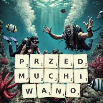 Kreatywna ilustracja do gry w Scrabble ze słowem PRZEDMUCHIWANO ułożonym z płytek na planszy.