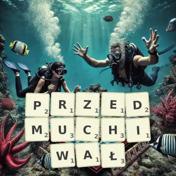 Kreatywna ilustracja do gry w Scrabble ze słowem PRZEDMUCHIWAŁ ułożonym z płytek na planszy.