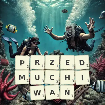 Kreatywna ilustracja do gry w Scrabble ze słowem PRZEDMUCHIWAŃ ułożonym z płytek na planszy.