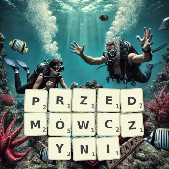 Kreatywna ilustracja do gry w Scrabble ze słowem PRZEDMÓWCZYNI ułożonym z płytek na planszy.