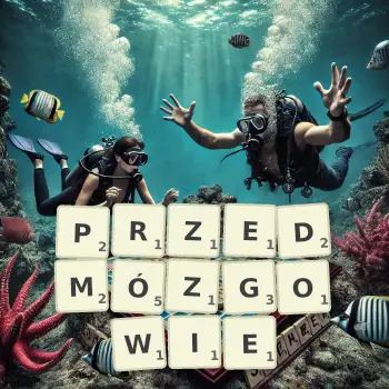 Kreatywna ilustracja do gry w Scrabble ze słowem PRZEDMÓZGOWIE ułożonym z płytek na planszy.