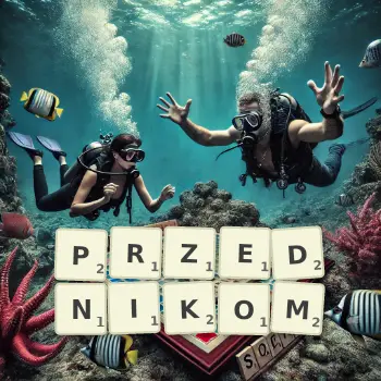 Kreatywna ilustracja do gry w Scrabble ze słowem PRZEDNIKOM ułożonym z płytek na planszy.