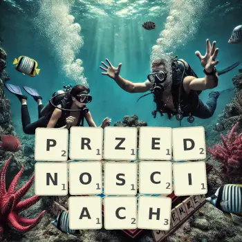Kreatywna ilustracja do gry w Scrabble ze słowem PRZEDNOSCIACH ułożonym z płytek na planszy.