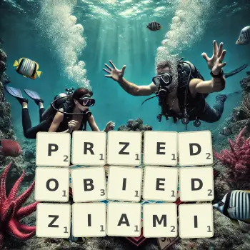 Kreatywna ilustracja do gry w Scrabble ze słowem PRZEDOBIEDZIAMI ułożonym z płytek na planszy.