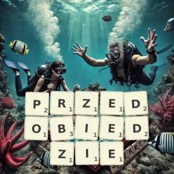 Kreatywna ilustracja do gry w Scrabble ze słowem PRZEDOBIEDZIE ułożonym z płytek na planszy.