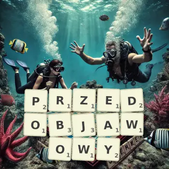 Kreatywna ilustracja do gry w Scrabble ze słowem PRZEDOBJAWOWY ułożonym z płytek na planszy.
