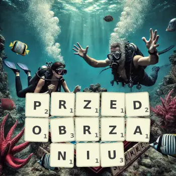 Kreatywna ilustracja do gry w Scrabble ze słowem PRZEDOBRZANIU ułożonym z płytek na planszy.