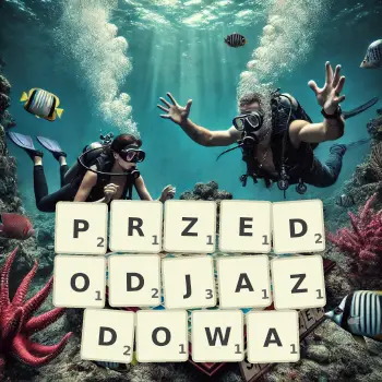 Kreatywna ilustracja do gry w Scrabble ze słowem PRZEDODJAZDOWA ułożonym z płytek na planszy.