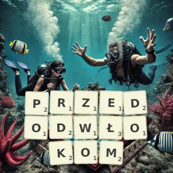 Kreatywna ilustracja do gry w Scrabble ze słowem PRZEDODWŁOKOM ułożonym z płytek na planszy.