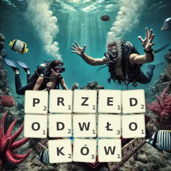 Kreatywna ilustracja do gry w Scrabble ze słowem PRZEDODWŁOKÓW ułożonym z płytek na planszy.