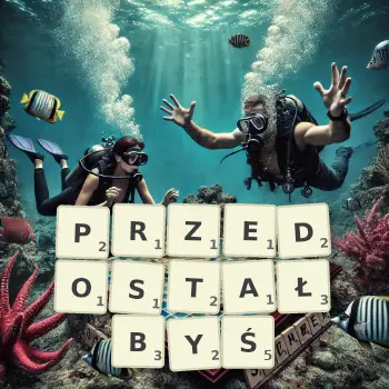 Kreatywna ilustracja do gry w Scrabble ze słowem PRZEDOSTAŁBYŚ ułożonym z płytek na planszy.
