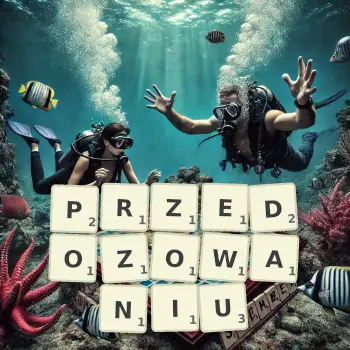 Kreatywna ilustracja do gry w Scrabble ze słowem PRZEDOZOWANIU ułożonym z płytek na planszy.