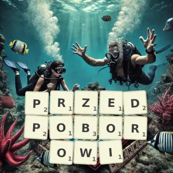 Kreatywna ilustracja do gry w Scrabble ze słowem PRZEDPOBOROWI ułożonym z płytek na planszy.