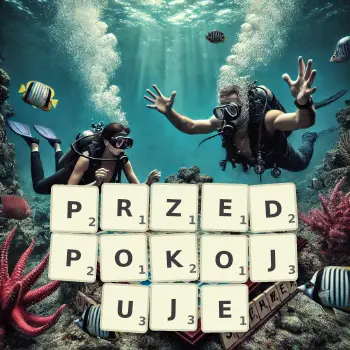Kreatywna ilustracja do gry w Scrabble ze słowem PRZEDPOKOJUJE ułożonym z płytek na planszy.