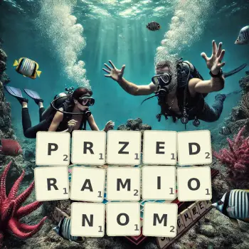Kreatywna ilustracja do gry w Scrabble ze słowem PRZEDRAMIONOM ułożonym z płytek na planszy.