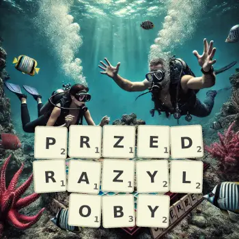 Kreatywna ilustracja do gry w Scrabble ze słowem PRZEDRAZYLOBY ułożonym z płytek na planszy.