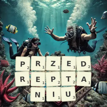 Kreatywna ilustracja do gry w Scrabble ze słowem PRZEDREPTANIU ułożonym z płytek na planszy.