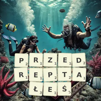 Kreatywna ilustracja do gry w Scrabble ze słowem PRZEDREPTAŁEŚ ułożonym z płytek na planszy.