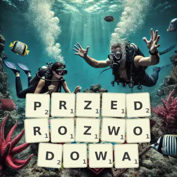 Kreatywna ilustracja do gry w Scrabble ze słowem PRZEDROZWODOWA ułożonym z płytek na planszy.