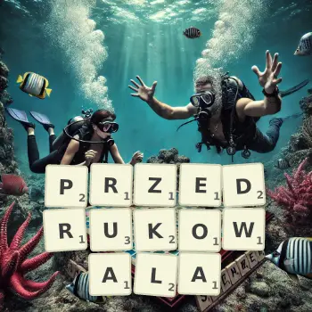 Kreatywna ilustracja do gry w Scrabble ze słowem PRZEDRUKOWALA ułożonym z płytek na planszy.