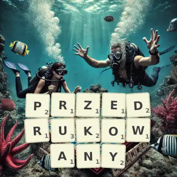 Kreatywna ilustracja do gry w Scrabble ze słowem PRZEDRUKOWANY ułożonym z płytek na planszy.