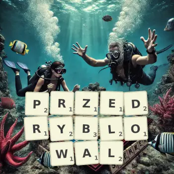 Kreatywna ilustracja do gry w Scrabble ze słowem PRZEDRYBLOWAL ułożonym z płytek na planszy.
