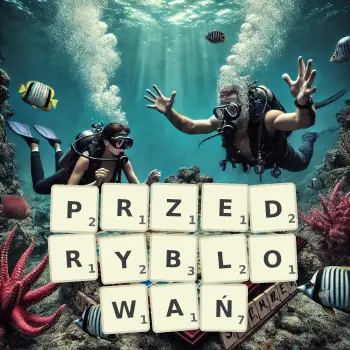 Kreatywna ilustracja do gry w Scrabble ze słowem PRZEDRYBLOWAŃ ułożonym z płytek na planszy.