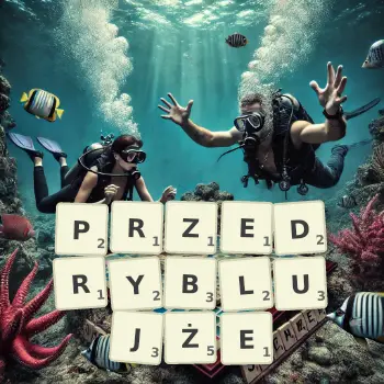 Kreatywna ilustracja do gry w Scrabble ze słowem PRZEDRYBLUJŻE ułożonym z płytek na planszy.