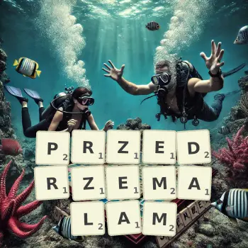 Kreatywna ilustracja do gry w Scrabble ze słowem PRZEDRZEMALAM ułożonym z płytek na planszy.