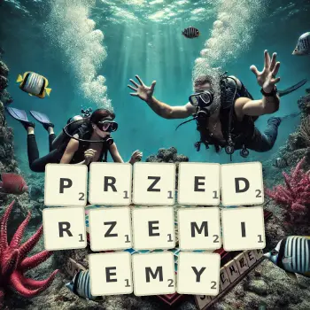 Kreatywna ilustracja do gry w Scrabble ze słowem PRZEDRZEMIEMY ułożonym z płytek na planszy.