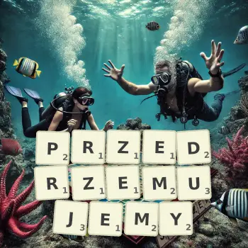 Kreatywna ilustracja do gry w Scrabble ze słowem PRZEDRZEMUJEMY ułożonym z płytek na planszy.