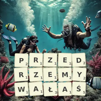 Kreatywna ilustracja do gry w Scrabble ze słowem PRZEDRZEMYWAŁAŚ ułożonym z płytek na planszy.
