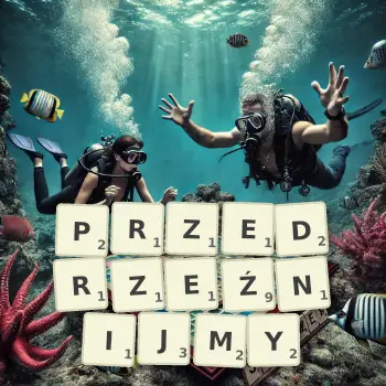 Kreatywna ilustracja do gry w Scrabble ze słowem PRZEDRZEŹNIJMY ułożonym z płytek na planszy.