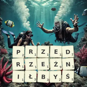 Kreatywna ilustracja do gry w Scrabble ze słowem PRZEDRZEŹNIŁBYŚ ułożonym z płytek na planszy.
