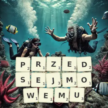 Kreatywna ilustracja do gry w Scrabble ze słowem PRZEDSEJMOWEMU ułożonym z płytek na planszy.
