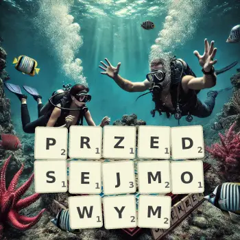 Kreatywna ilustracja do gry w Scrabble ze słowem PRZEDSEJMOWYM ułożonym z płytek na planszy.