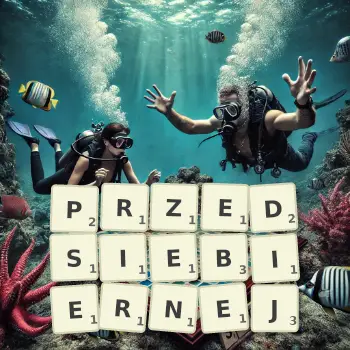 Kreatywna ilustracja do gry w Scrabble ze słowem PRZEDSIEBIERNEJ ułożonym z płytek na planszy.