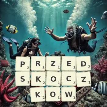 Kreatywna ilustracja do gry w Scrabble ze słowem PRZEDSKOCZKOW ułożonym z płytek na planszy.