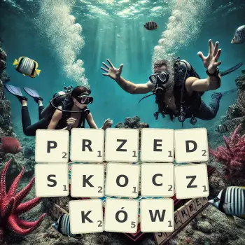 Kreatywna ilustracja do gry w Scrabble ze słowem PRZEDSKOCZKÓW ułożonym z płytek na planszy.