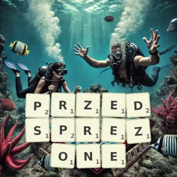 Kreatywna ilustracja do gry w Scrabble ze słowem PRZEDSPREZONE ułożonym z płytek na planszy.