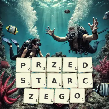 Kreatywna ilustracja do gry w Scrabble ze słowem PRZEDSTARCZEGO ułożonym z płytek na planszy.