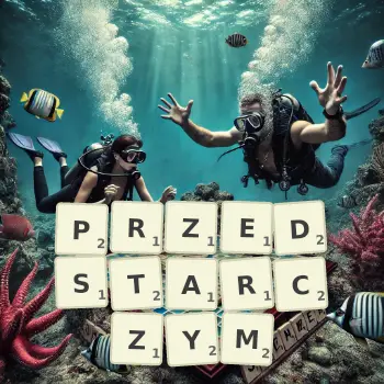 Kreatywna ilustracja do gry w Scrabble ze słowem PRZEDSTARCZYM ułożonym z płytek na planszy.