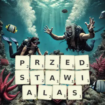 Kreatywna ilustracja do gry w Scrabble ze słowem PRZEDSTAWIALAS ułożonym z płytek na planszy.