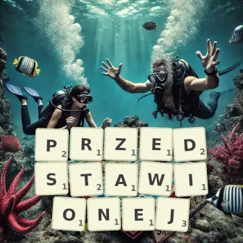 Kreatywna ilustracja do gry w Scrabble ze słowem PRZEDSTAWIONEJ ułożonym z płytek na planszy.