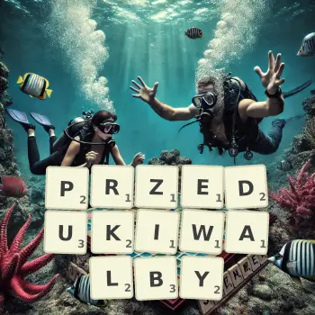 Kreatywna ilustracja do gry w Scrabble ze słowem PRZEDUKIWALBY ułożonym z płytek na planszy.