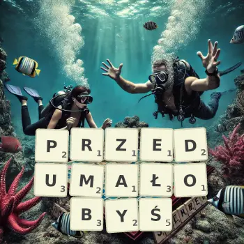 Kreatywna ilustracja do gry w Scrabble ze słowem PRZEDUMAŁOBYŚ ułożonym z płytek na planszy.
